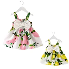 Платье с цветочным рисунком для маленьких девочек с большим бантом; Летнее Детское платье-комбинация с цветочным рисунком; платья принцессы Bebe; Детский сарафан с лимонами; Vestidos