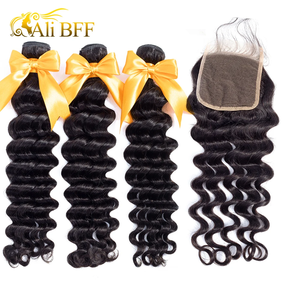 

ALI BFF Loose Deep Wave Bundles With Closure Remy Human Hair Bundles Malaysian Hair Weave Bundles With Closure
