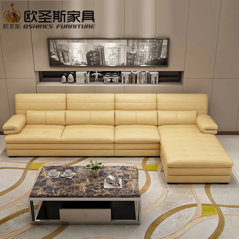 yellow leather sectional sofa set, metal frame leather sofa,italian leather l shape sofa OCS-602