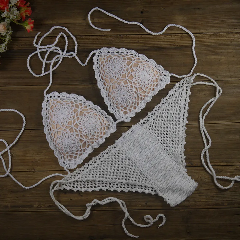 

2017 New Design Handmade Crochet Beach Women's Bikini Sets Sexy Hollow relief Swimwear Padded Sexy Bikini Swimsuit Bathing Suit