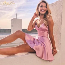 BeryLove сексуальное розовое атласное короткое платье для выпускного вечера милое коктейльное мини платье с лямками вечерние платья с карманами для выпускного вечера