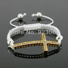 Sale 10pcs/lot Fashion Clear Crystal Gold Color Curved Sideways Cross Connector Bead Adjustable White Macrame Rope Bracelet