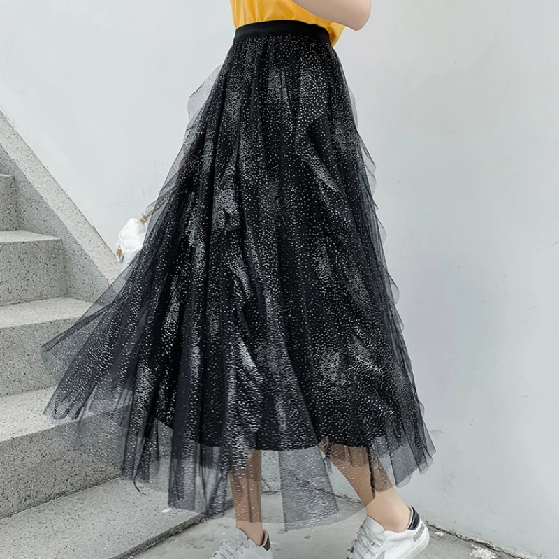 

Spring Metallic Flounced Long Tulled Skirts Summer Starry Shine Dotted Sweet Maxi Long Mesh Skirts Womens