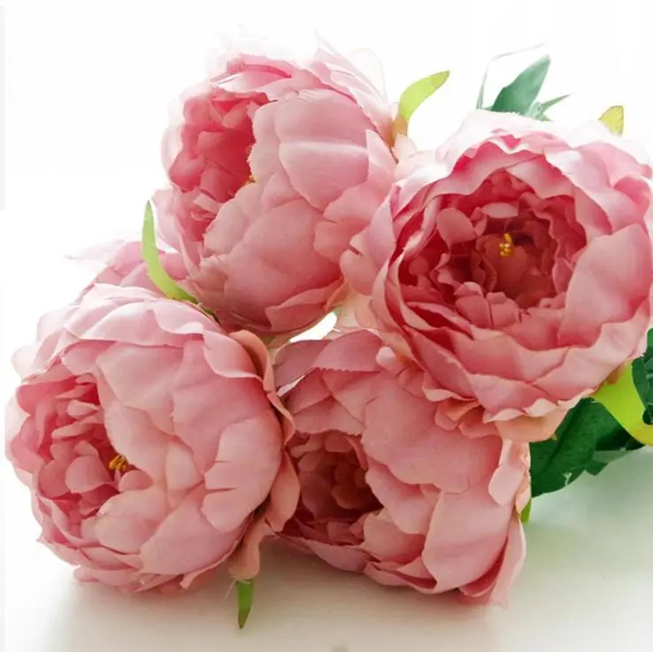 5Heads Big Peony Flowers Artificial Silk+Plastic Peonies bouquet with leaves flores for autumn