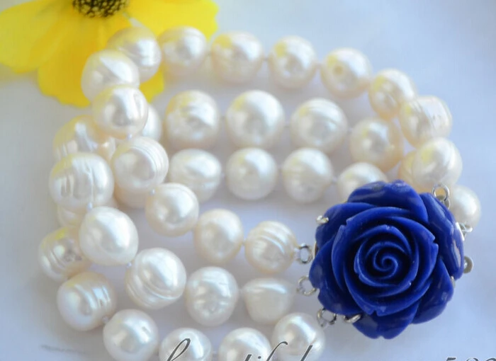 

shipping3strands 12mm almost round white screw thread freshwater pearl bracelet 8inch (Z 5.25