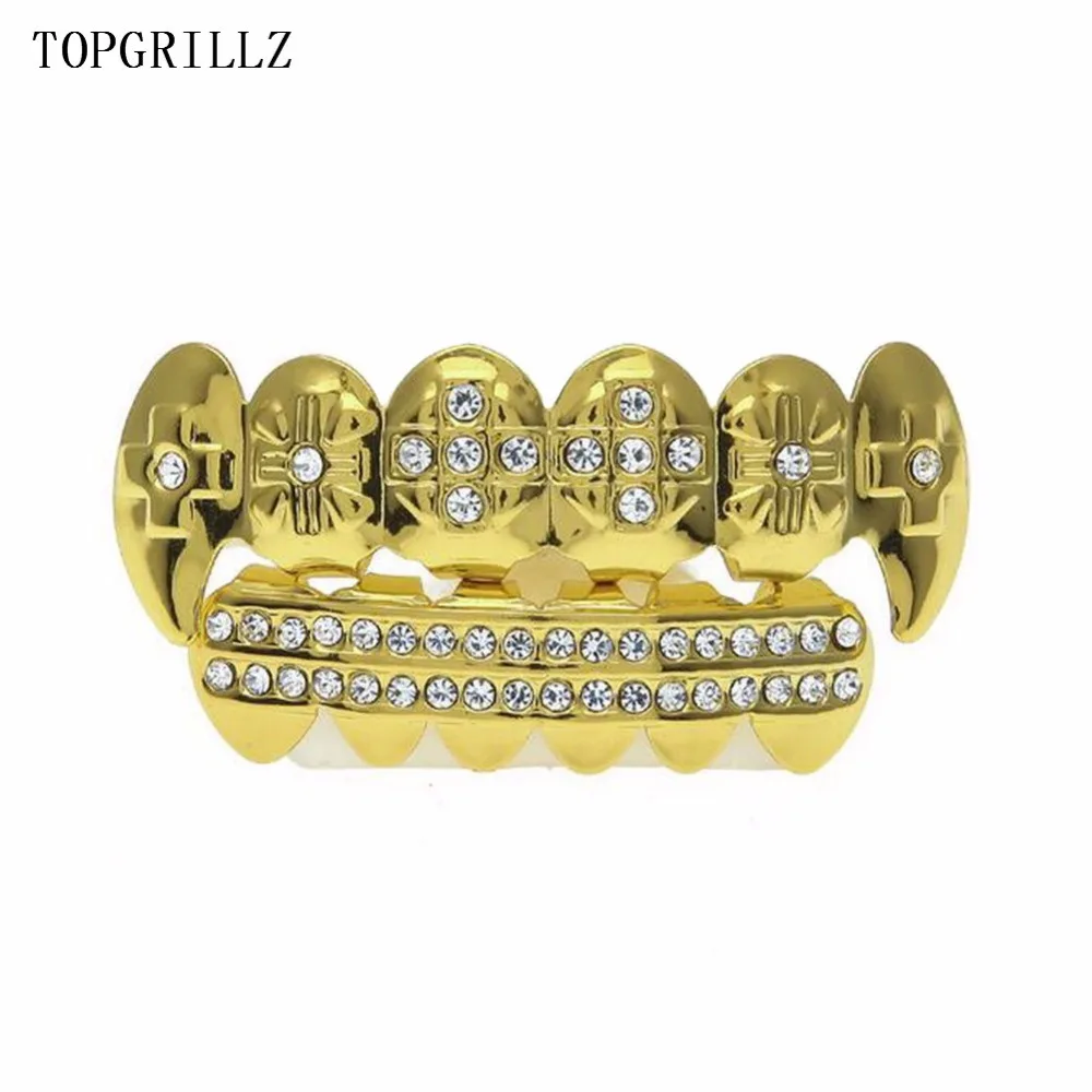 TOPGRILLZ Настоящее розовое золото цвет покрытием ICED OUT CZ зубы GRILLZ крест сверху и снизу зуб шапки Хип Хоп Bling Золотые грили