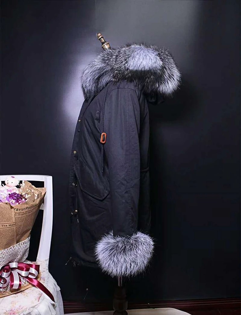 Зимняя мужская Мода Воротник из меха серебристой лисы пальто с подкладкой из меха кролика куртка с капюшоном средней длины парка