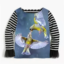 Милые уютные топы с принтом птицы для маленьких девочек, детская кружевная рубашка детская мягкая Осенняя рубашка в полоску футболки, осенняя одежда для маленьких девочек от 2 до 10 лет