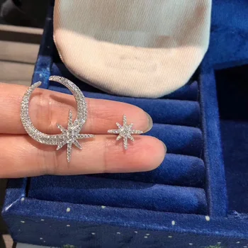 

UMGODLY Luxury Brand Asymmetric Moon Star Earrings Full Cubic Zirconia Meteorite Drop Earrings Silver Color Women Party Jewelry