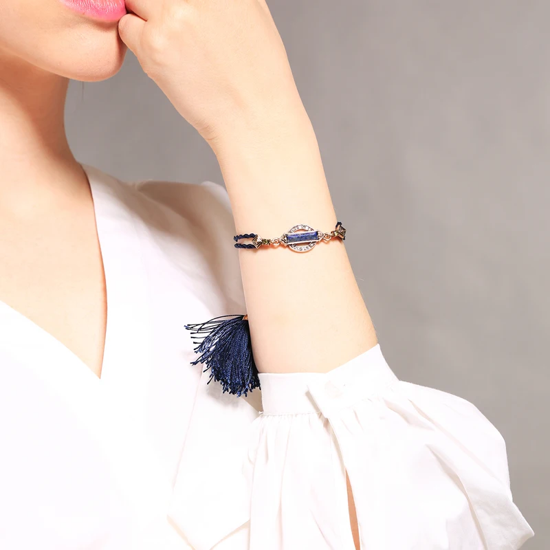 

Fashion Bohemia Punk Vintage Geometry Blue Stone Adjustable Cotton Thread Tassel Bracelet For Women Jewelry Fashion Gift