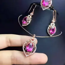 Натуральный Красный топаз ювелирные наборы драгоценных камней натуральное кольцо с зеленым кристаллом кулон Висячие серьги 925 Серебро Элегантные полые женские ювелирные изделия