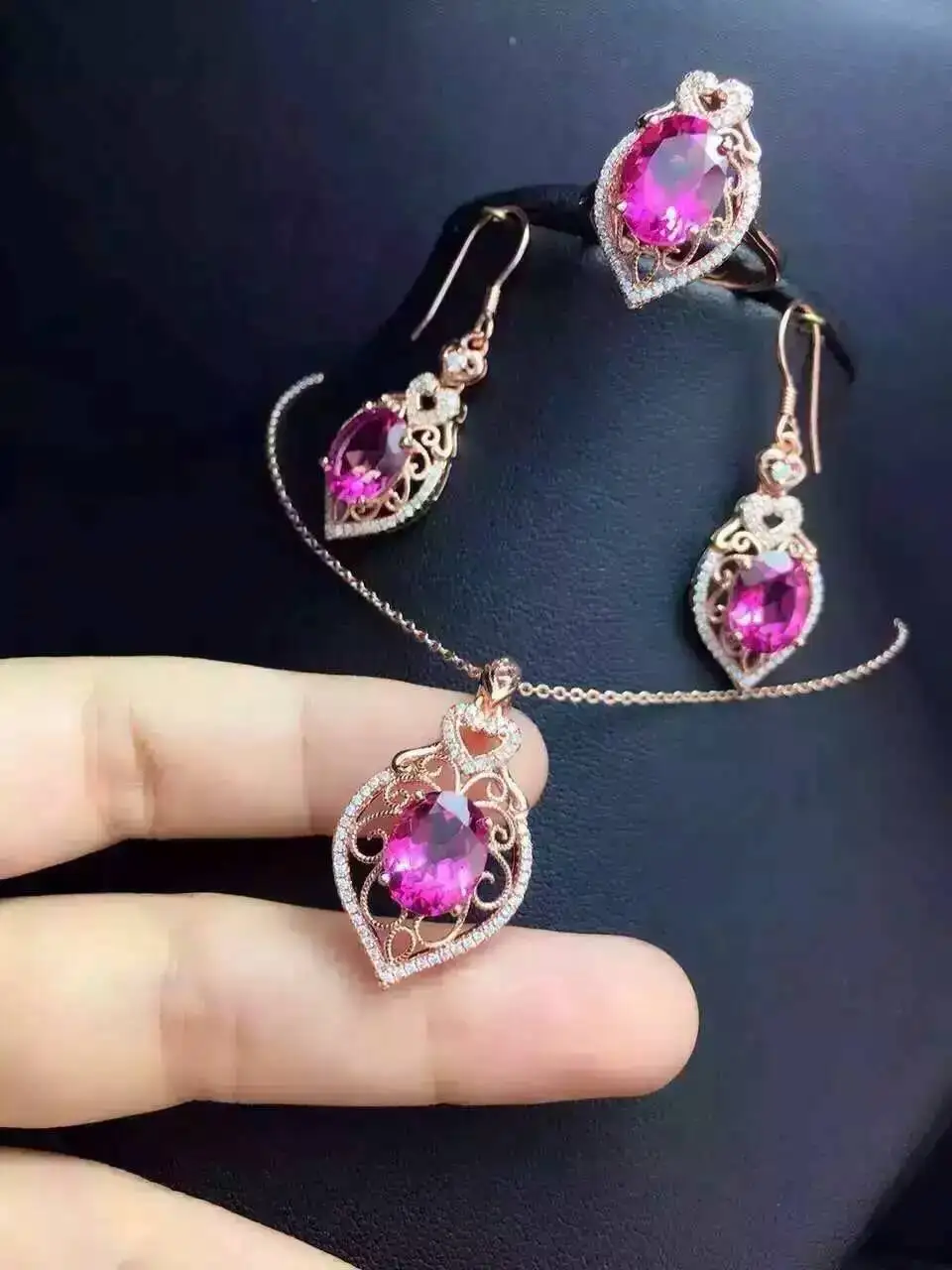 Natural red topaz gem jewelry sets natural green crystal ring Pendant drop Earrings 925 silver Elegant Hollow women fine jewelry