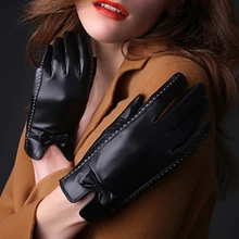 LongKeeper зиму натуральной женские кожаные перчатки Полный модные брендовые женские теплые перчатки девушки перчатки из сафьяна лук