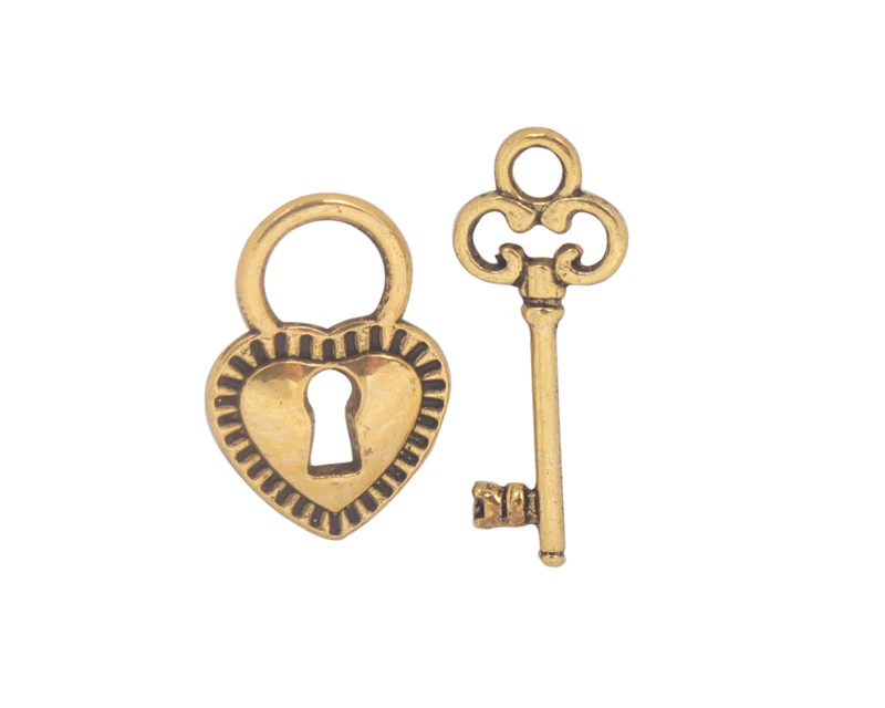 

60 Sets of Antiqued Gold Color metal Heart Lock Key Charms #91431