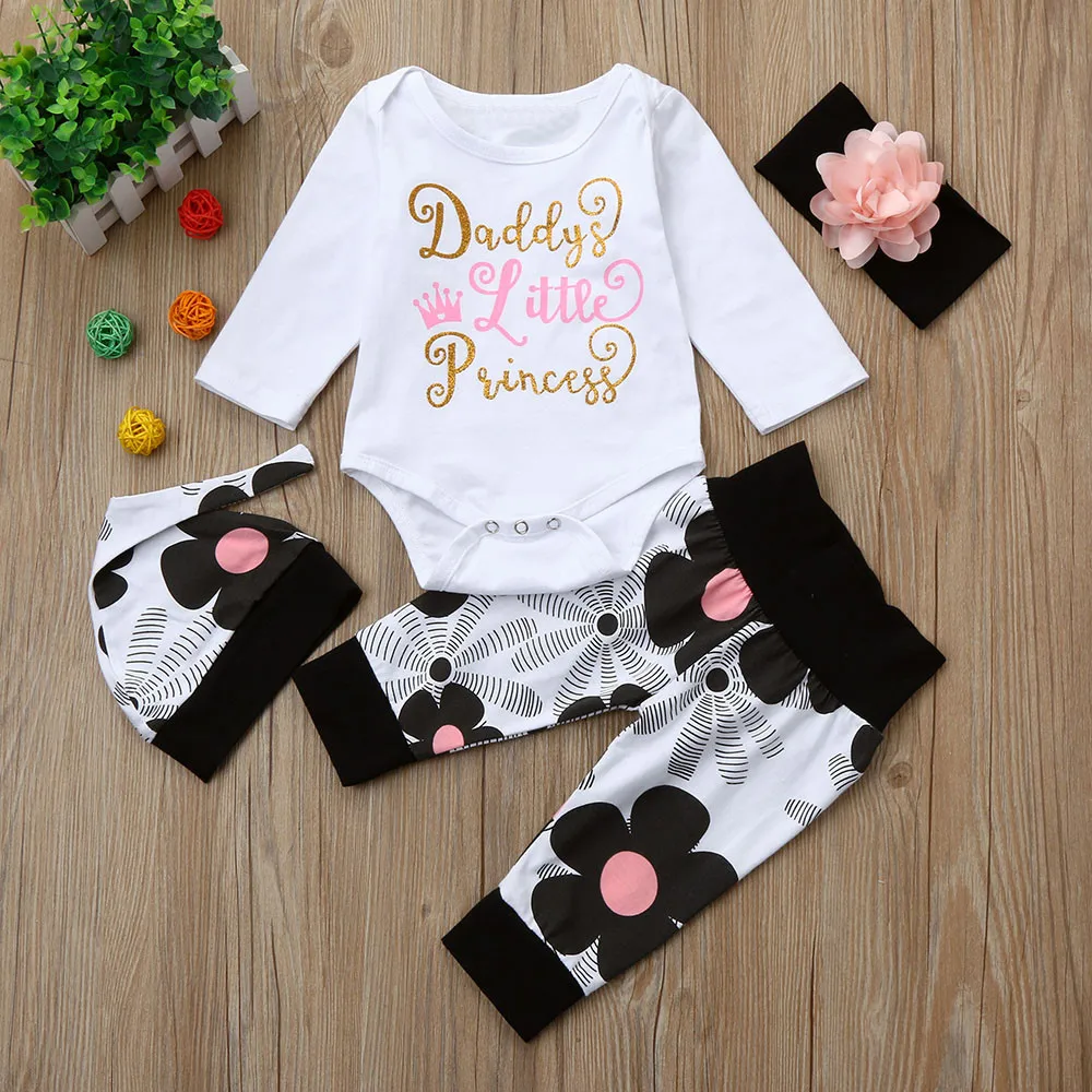 

Newborn Baby Girl Clothes Flower Jumpsuit Romper +Headband +Pants +Hat Outfit Hot New Baby Girl Set Little Princess For Daddy