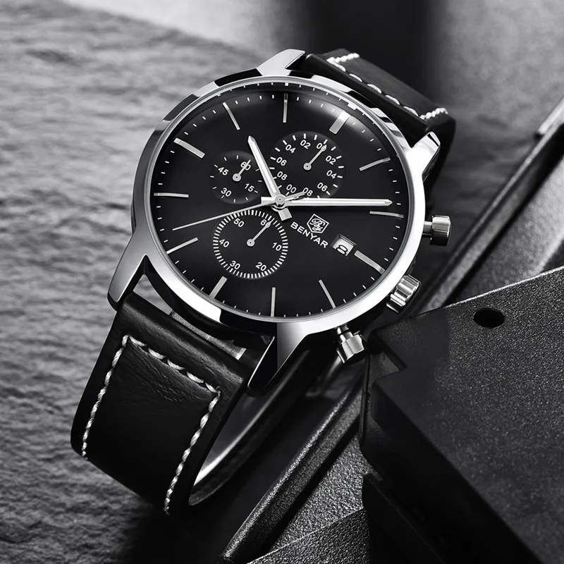 New Benyar Men Watches Casual Fashion Chronograph30M Waterproofsport Watches Men Leather-5