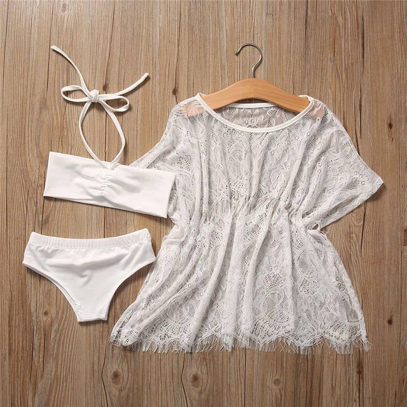 

Kids Baby Girl Clothes Solid White Bikini Set Lace Half Sleeve Perspective Cove Up Dress Swimwear Swimsuit Beachwear Holiday
