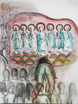 

Modern handmade painting worshipping grotto status on oil canvas for home decor and wallpaper