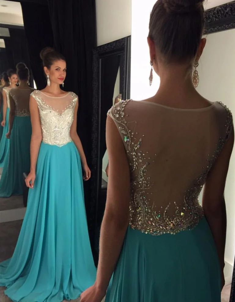 

Charming Beaded Crystal A-Line Evening dresses Long 2017 Sheer Back Prom Party Gowns Formal Dress Vestido de noche Abendkleider