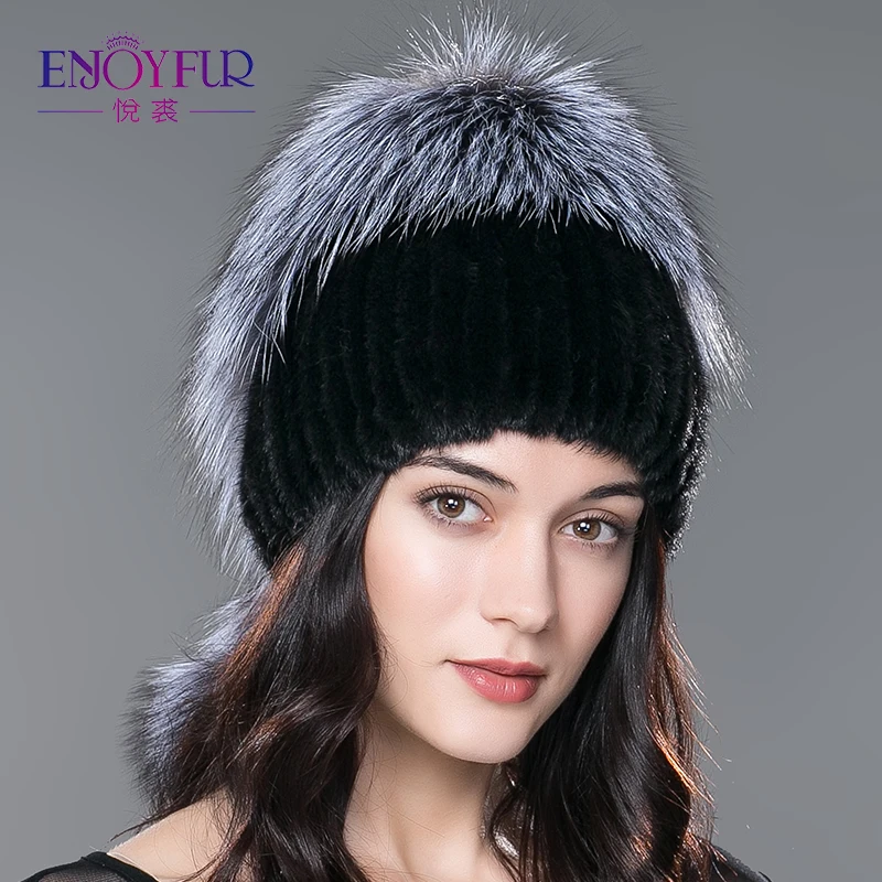 

ENJOYFUR Women fur hat for winter genuine mink fur skullies with silver fox fur pom poms top beanies hot sale Russia fur cap