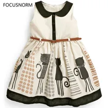 FOCUSNORM/ г. Новое летнее платье для маленьких девочек граффити с изображением кошек пояс вечерние трапециевидные вечерние платья от 2 до 7 лет