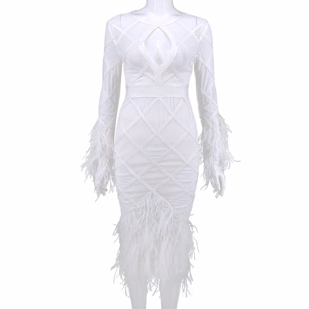 Maille Parti Manches Longues Sexy Plume Élastique 2017 Qualité Bandage Dames Tricoté Blanc Robe Haute SwqXOX