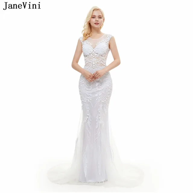 Special Price JaneVini Luxurious Mermaid White Bridesmaid Dresses Sequined Beaded O-Neck Backless Sweep Train Tulle Prom Party Gowns for Women Special Price JaneVini Luxurious Mermaid White Bridesmaid Dresses Sequined Beaded O-Neck Backless Sweep Train Tulle Prom Party Gowns for Women