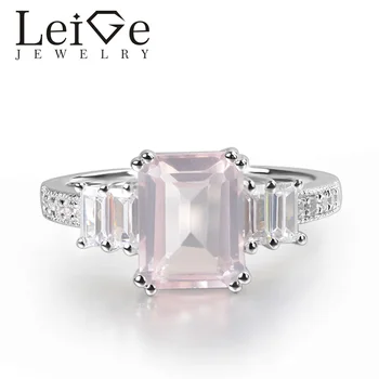 

Leige Jewelry Natural Pink Quartz Ring Emerald Cut Pink Gemstone Prong Setting 925 Sterling Silver for Women Promise Ring