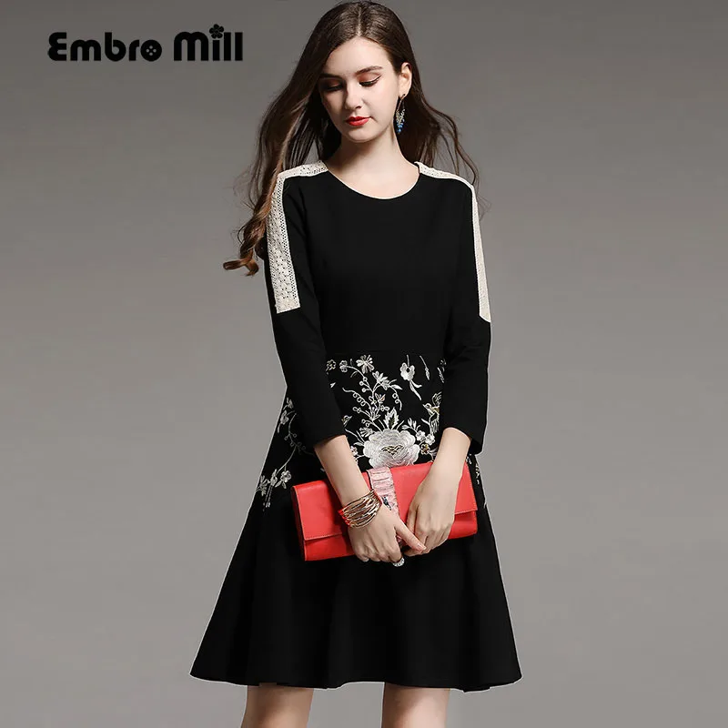 Осенние женские китайский стиль floral midi красный/черное платье Вышивка платья
