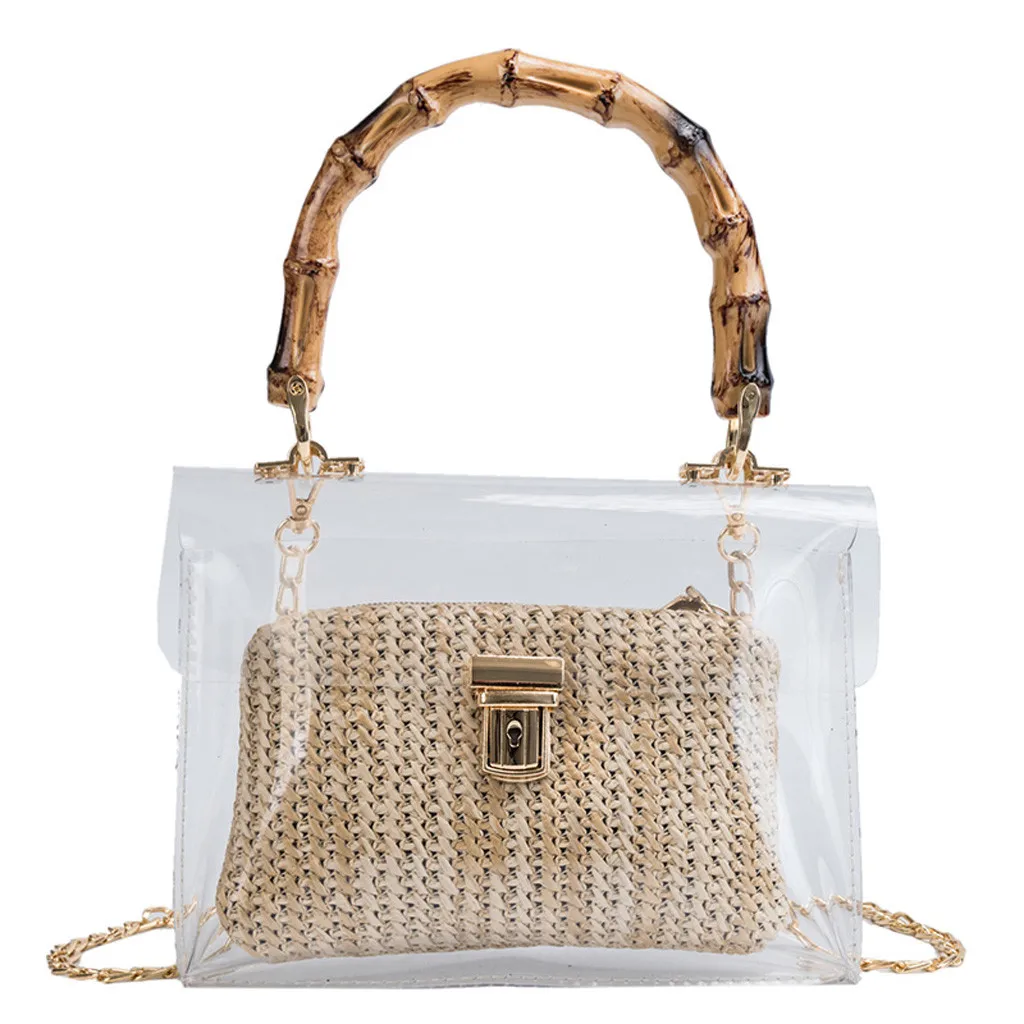 

2Pcs Fashion Straw Main Material Women Patchwork Pattern Type Weave Wood Chain Waterproof Bag Crossbody Bag Shoulder Bag 2019
