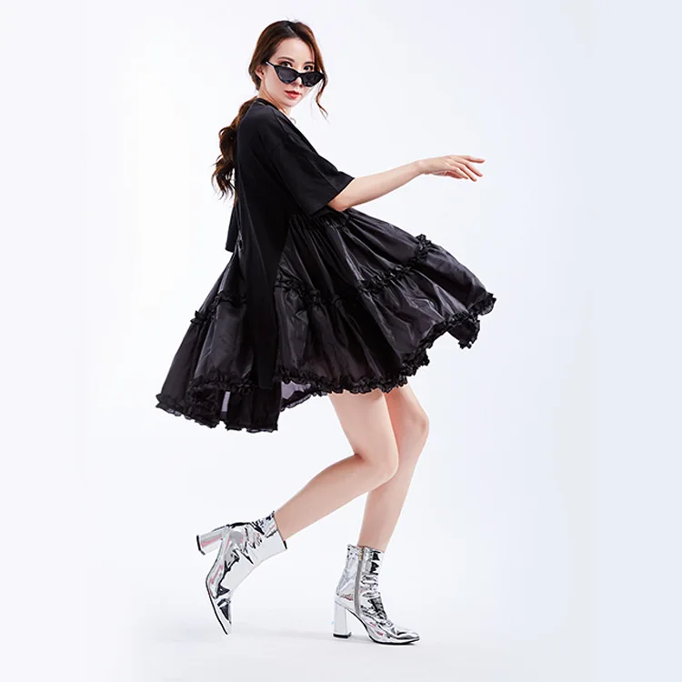 

White Dress 2019 Summer Women O-Neck Loose Big Size Ruffles Pleated Stitch Short Dress Casual Fashion Tide Streetwear Vestidos