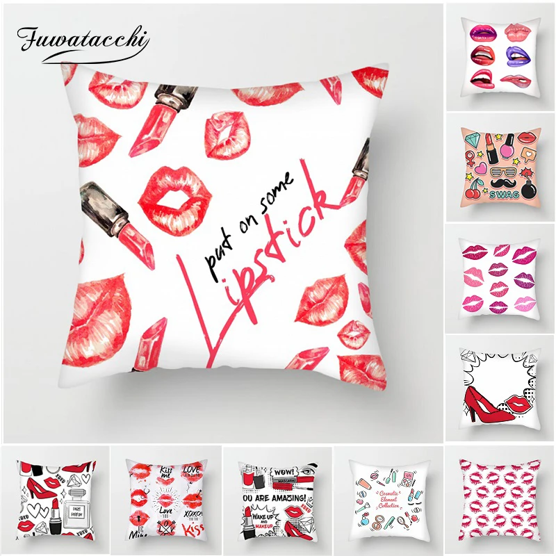 

Fuwatacchi Lip Gloss Lipstick Hand Painted Cushion Cover Perfume Bottles Pillow Cover for Sofa Home Chair Sexy Lips Pillowcases