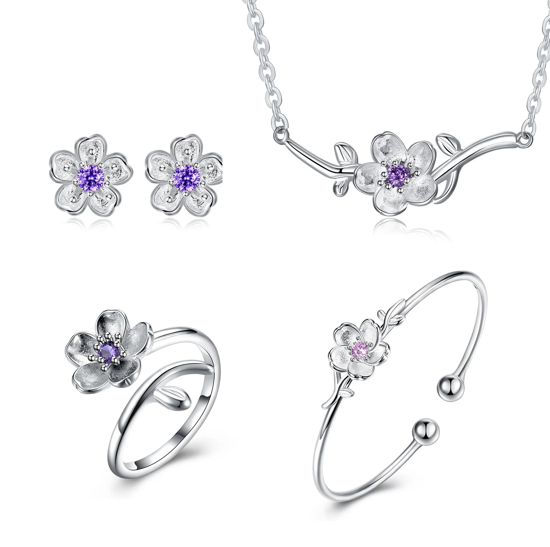 

Hot Fashion Pink Zircon Cherry Blossoms Flower Necklace+Earrings+Bracelet+Ring 925 Sterling Silver Jewelry Sets For Women Girl