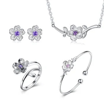 

Hot Fashion Pink Zircon Cherry Blossoms Flower Necklace+Earrings+Bracelet+Ring 925 Sterling Silver Jewelry Sets For Women Girl