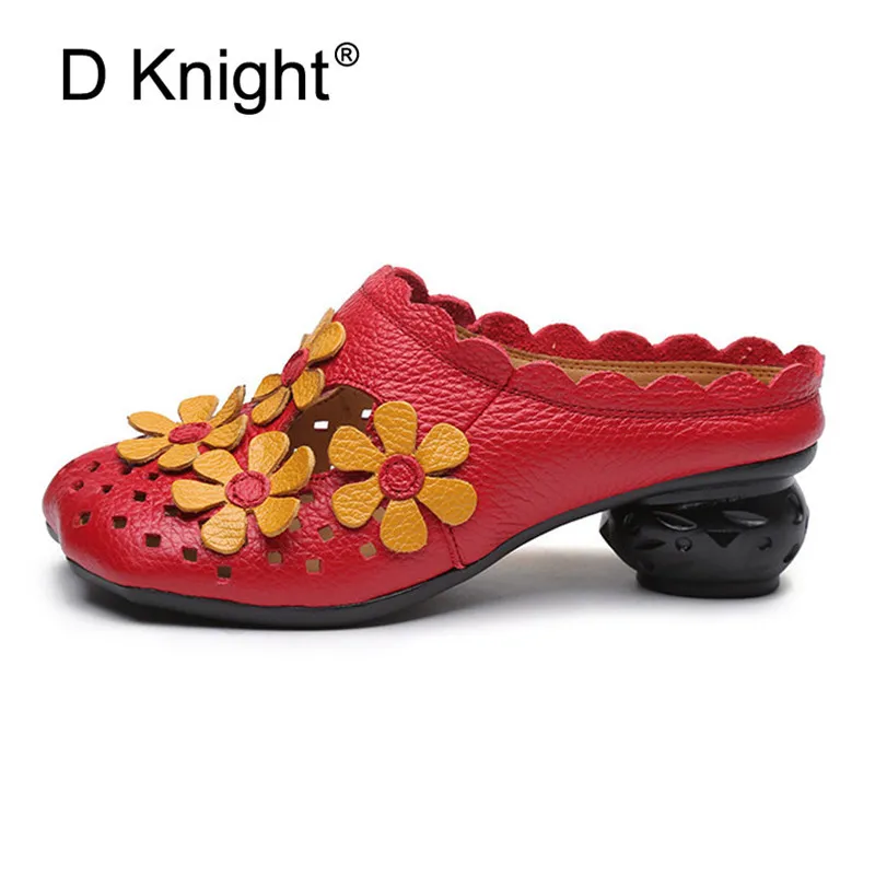 Genuine Leather Women Half Slippers Slip On Outdoor Med Heel Shoes Women Comfortable Slides Woman Driving Loafer Female Footwear (2)