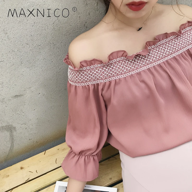 Maxnico 2017 Летние Новые однотонные свободные блузки оборками 3/4 рубашка с рукавами