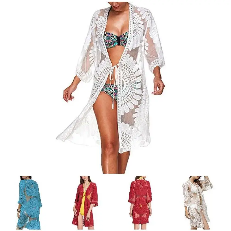 

Women Flower Lace Embroidered Bikini Sunscreen Blouse Summer Beach Cover Up Tops SMN88