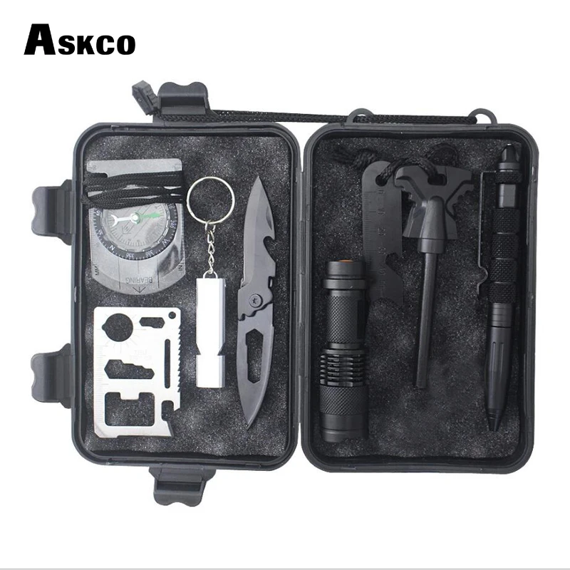 

Askco 8 in-1 Multi-function Compass Emergency Whistle Tool Outdoor Survival Tool Folding Knife Q5 Flashlight Combination