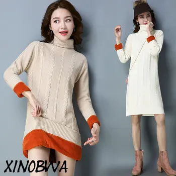 

Europe Women Fashion Casual Turtleneck Thick Warm Fleece Plus Size Pullover Knitted Sweater Dress Ladies Office Formal Sweater