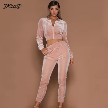 

DICLOUD Fashion 2 Piece Set Women Long Sleeve Zipper Casual Short Top + High Waist Slim Stretch Trousers Flannel Suit Female