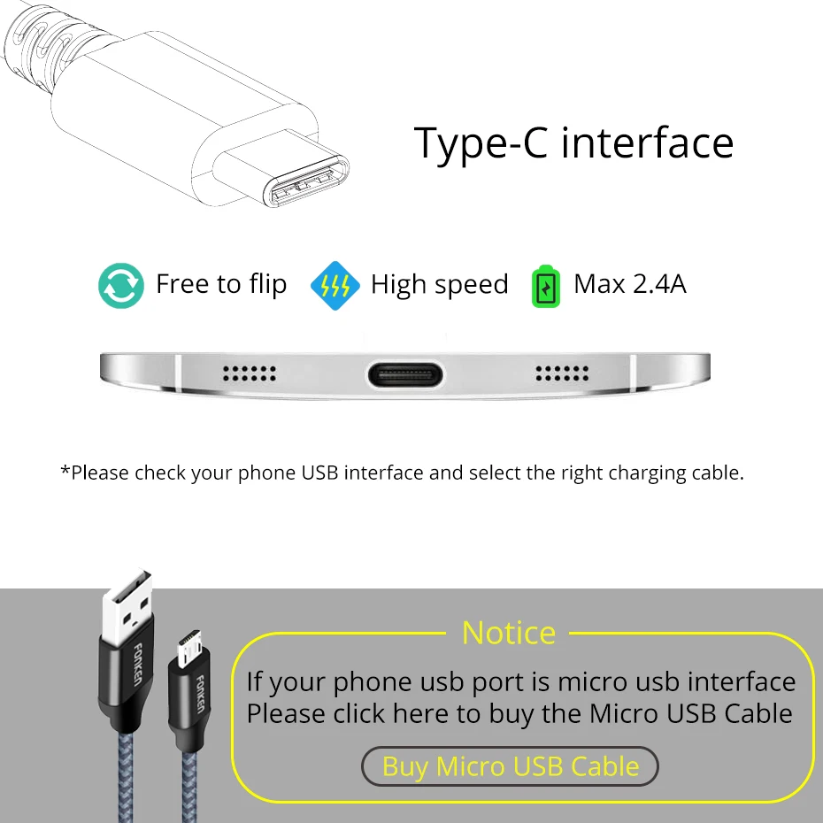 FONKEN usb type C кабель type-C быстрое зарядное устройство кабель 2.4A Быстрая зарядка кабель данных Реверсивный USB C кабель для Xiaomi Redmi Note 7 8