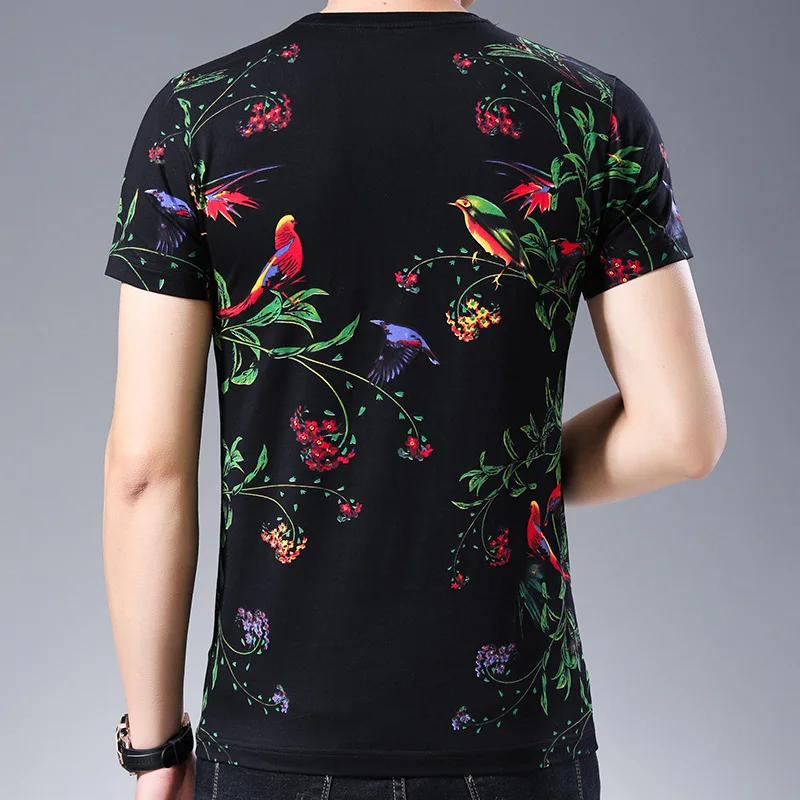 BY9801 Изысканные цветы и птицы полный принт короткий рукав t shrit Summer2019 Новая высококачественная хлопковая Мягкая дышащая футболка для мужчин