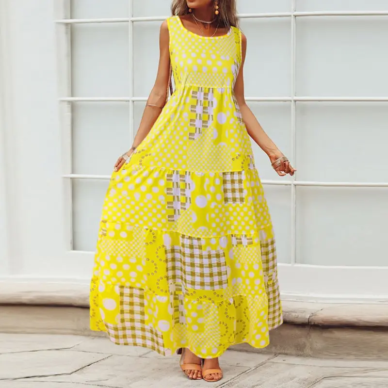

Casual Maxi Dress Women Summer Sleeveless Polka Dot Boho Blue Fashion Holiday Robe Vintage Big Swing Yellow Printed Long Dresses