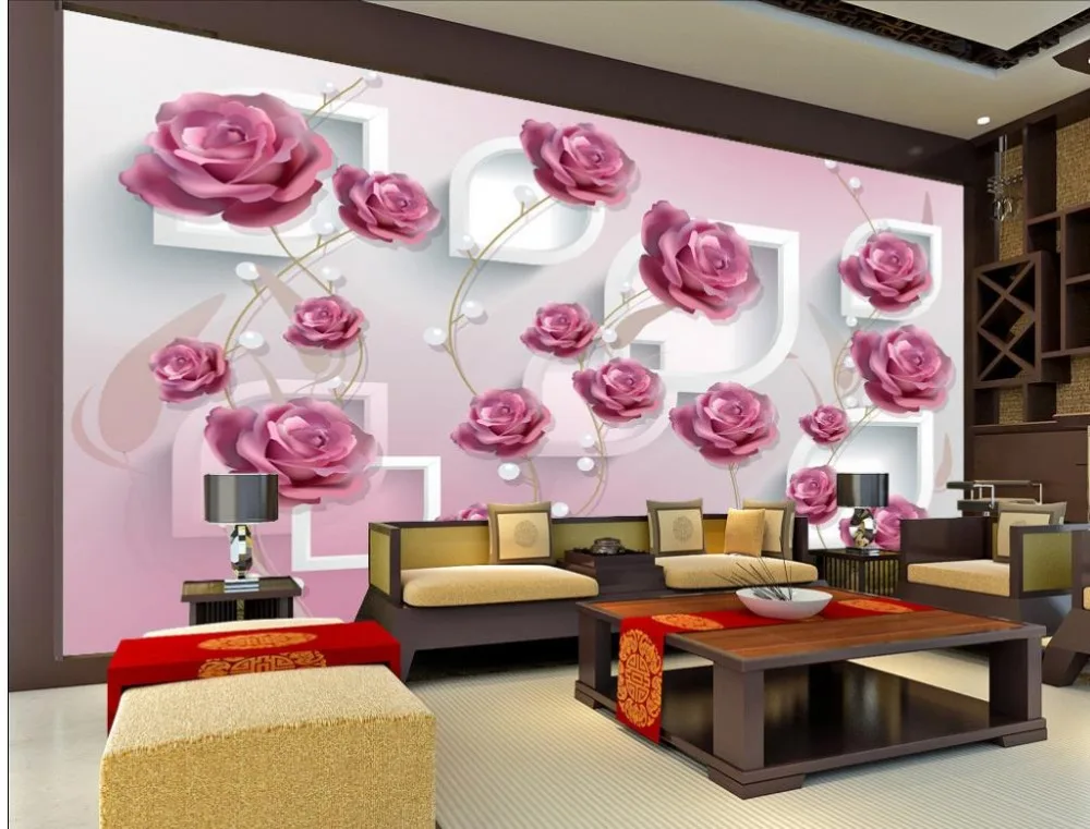 Home Decoration 3D hand painted three dimensional rose flowers classic wallpaper for walls