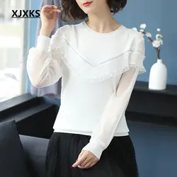 XJXKS женская одежда 2019 корейский стиль вязаные блузы Топ для женщин пуловер Блузки для малышек кружево с длинным рукавом Тонкий элегантны