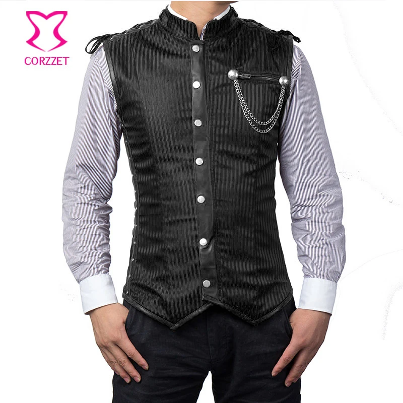 Vintage zwart gestreepte stand kraag steampunk jas mannen mouwloos vest korset plus size gothic