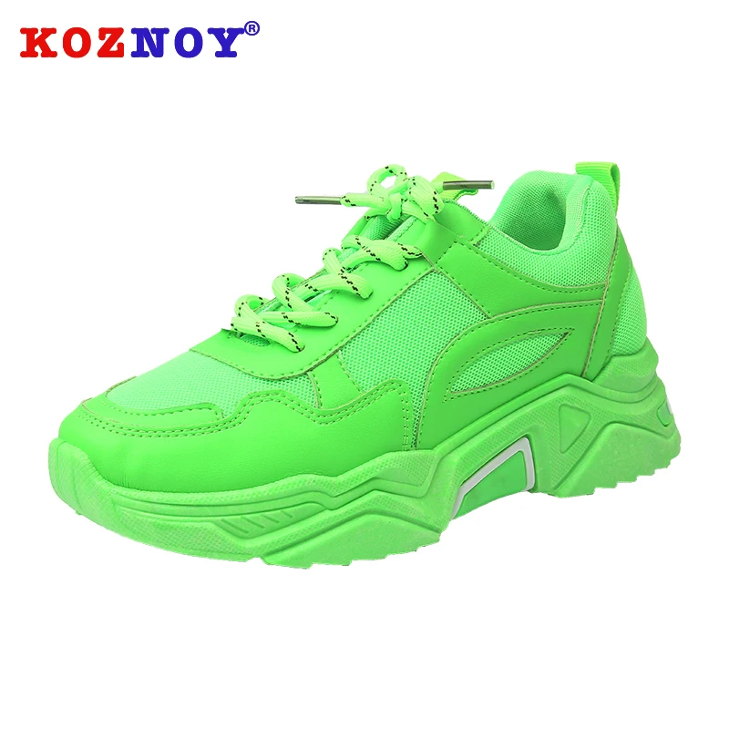 

Koznoy Sneakers Women Spring Thick Bottom Fashion Dropshipping Breathable Rubber Solid Mesh Lace Cross Tied Leisure Women Shoes