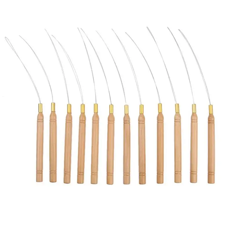 

12Pcs Hair Extension Hook Pulling Tool Needle Threader Micro Rings Link Beads Loop Wooden Handle With Iron Wire Wholesale