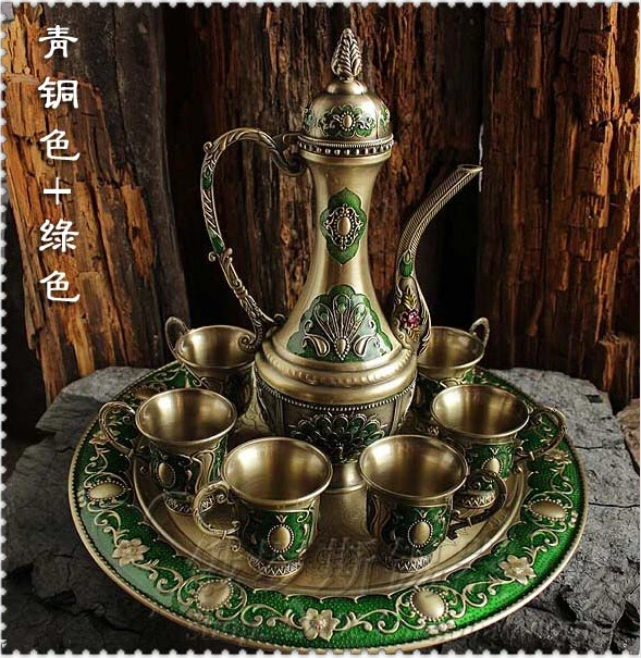 

Set of 8 Pieces Flower Wine Pot & Cup Set Old Decorated Handwork Silvery Plated Carving Wine Pot Cup Plate Tray 2178B