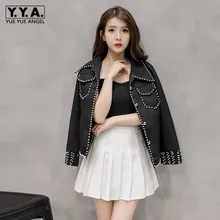 OL Стиль Весна Элегантный бисер Тонкий Твид базовое пальто для женщин шик заклепки уличная однобортный бейсбольный Бомбер куртка женская